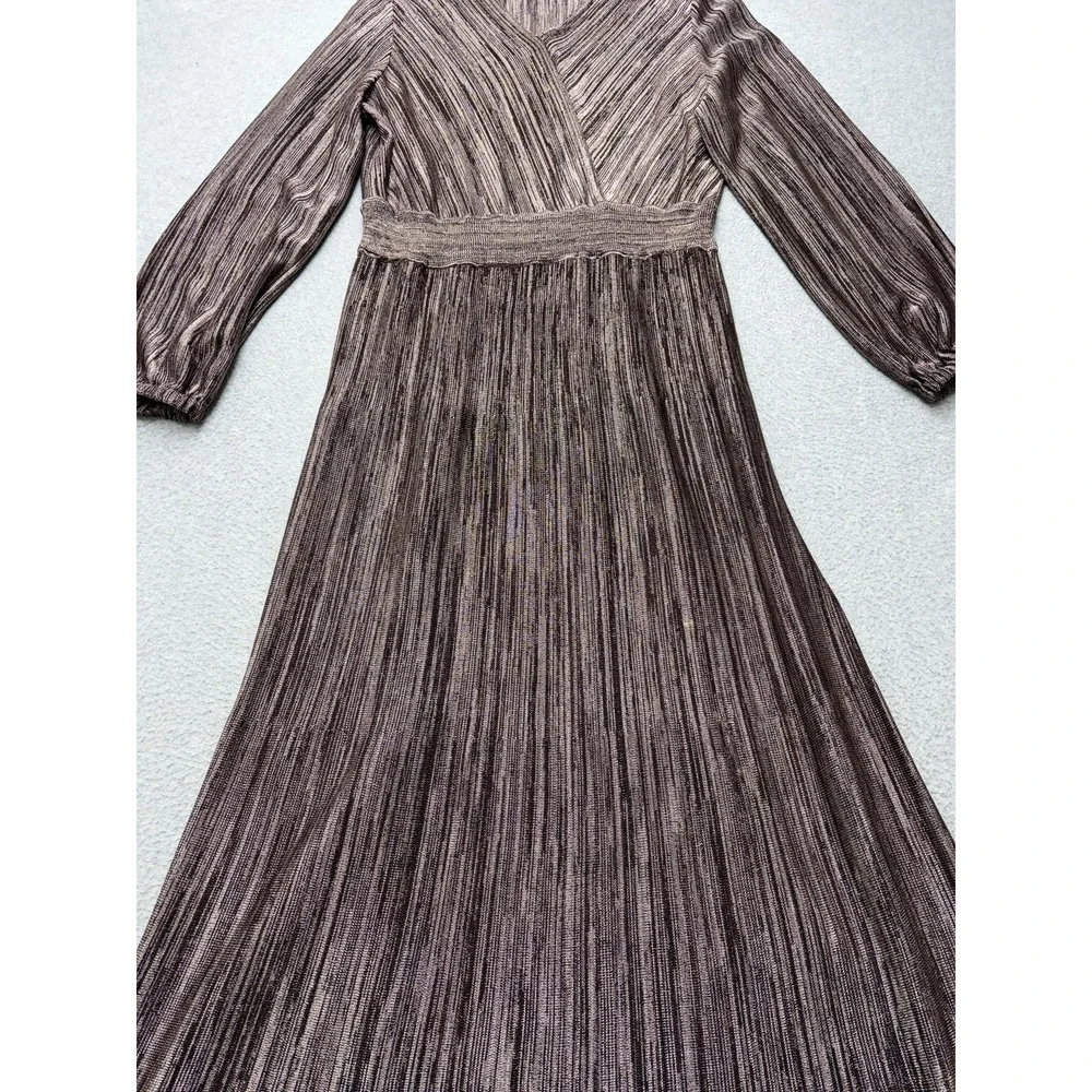 Misook Dress Womens Large Brown Striped Knit Pleated V Neck Long Sleeve Maxi - Picture 6 of 12